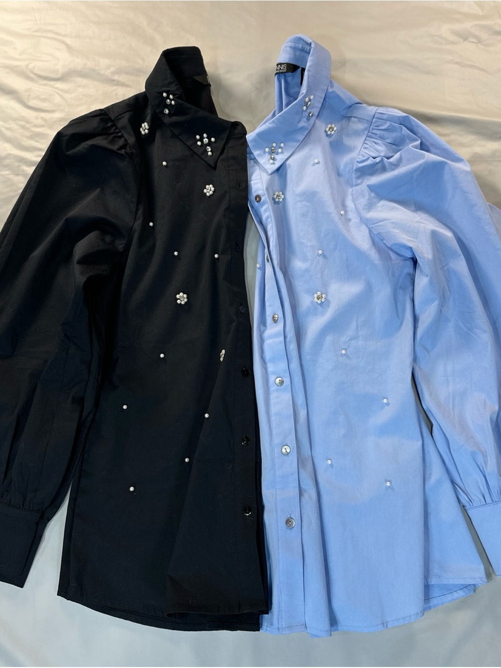 Embellished Pearl Flower Button-Down Shirt (Black & Light Blue set of 2) XS